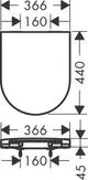 Technisches Zeichnungsdiagramm eines WC-Sitzes mit abgerundeter Form und Befestigung, dargestellt in Draufsicht und Seitenansicht. Marke Hansgrohe ist visuell erkennbar.
